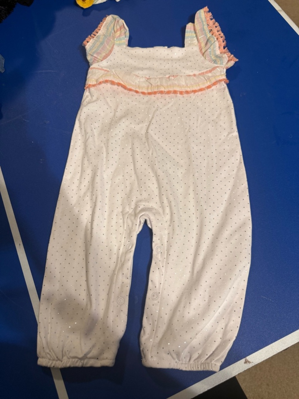 Baby Girls White Polka Dot Romper with Pastel Ruffle Trim